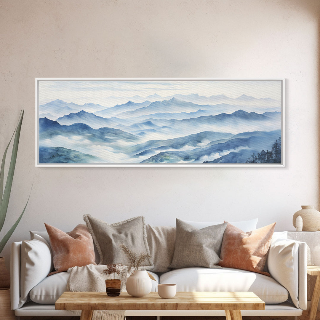 Blue Ridge Mountains, Canvas Wall Art, National Park Poster, Extra Large Horizontal Print, Panoramic Watercolor Minimalist Landscape Art