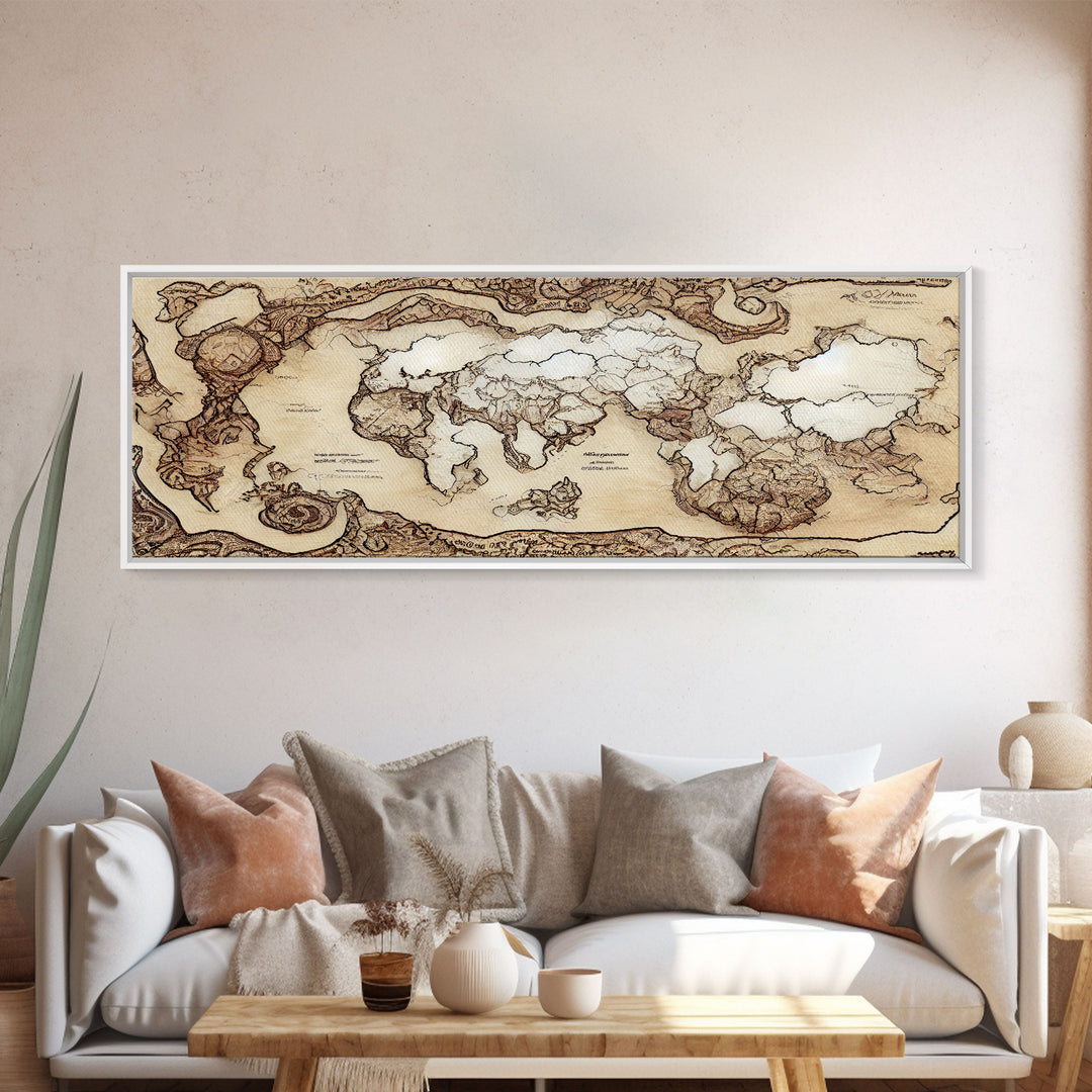 D&D RPG World Map Concept Art, Ready To Hang Canvas Print, Panoramic Art, Extra Wide Wall Decor, Cool Mancave Art, DND