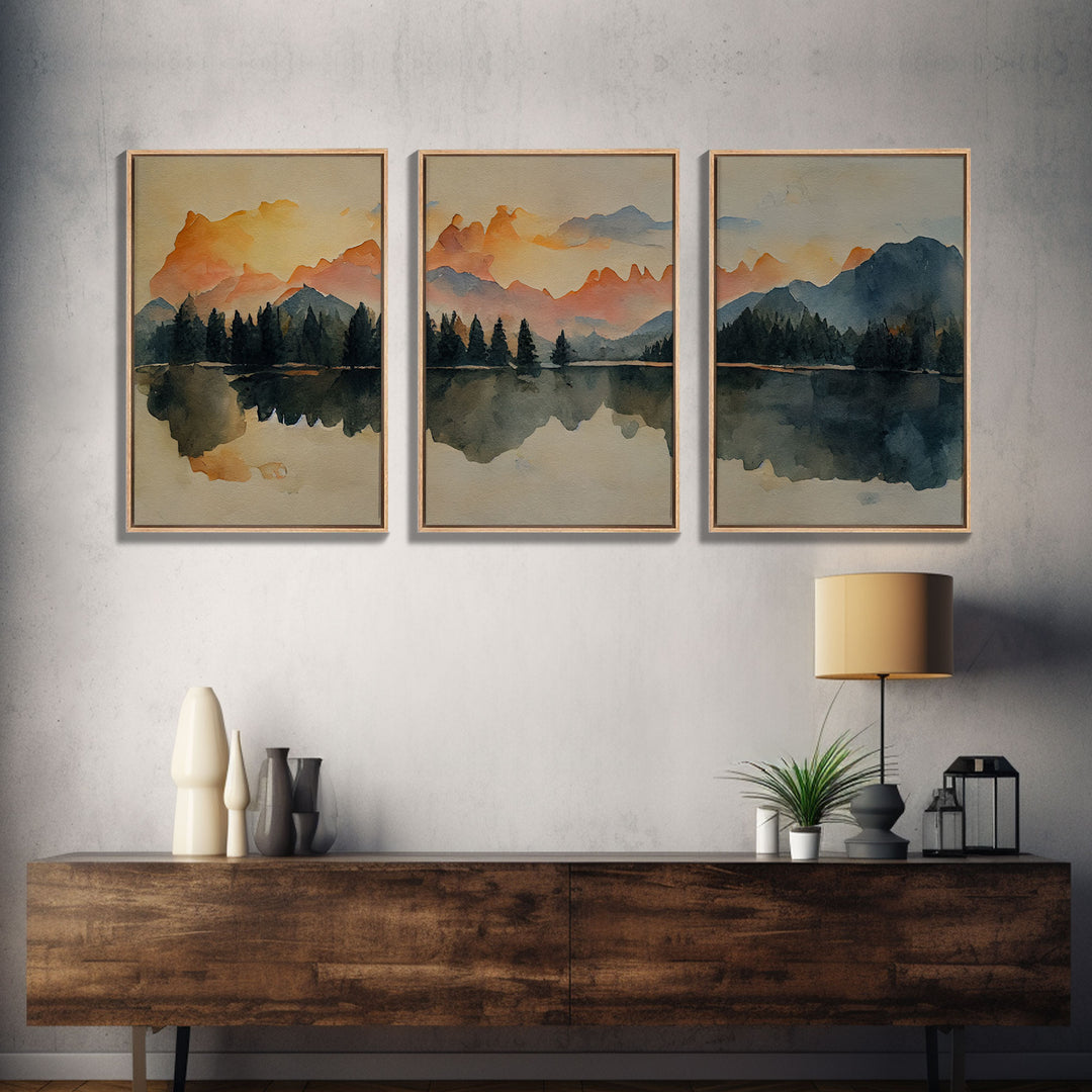 A Forest Fire At Sunset, 3 Piece Canvas Wall Decor, Ready To Hang Canvas Prints, Watercolor, Orange Landscape Sunset Art, Canvas Wall Decor