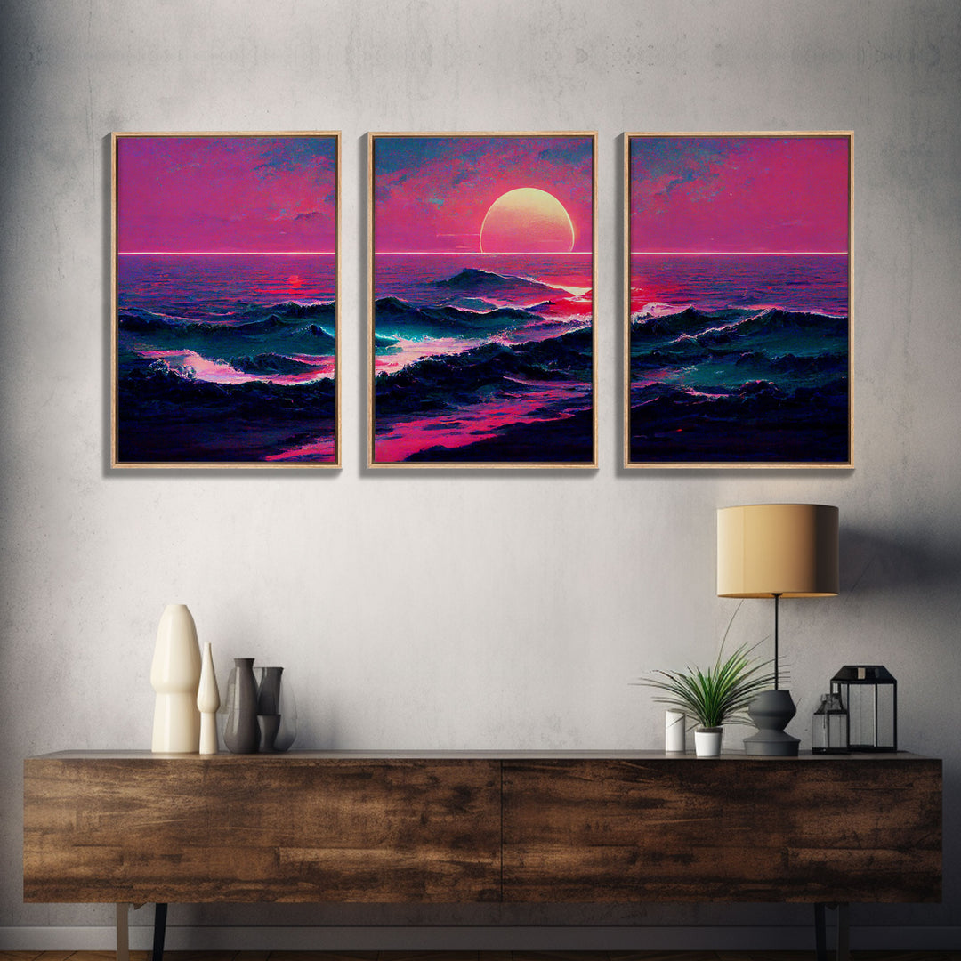 Outrun Style Synthwave Sunset Ocean Waves, 3 Piece Wall Art, Ready To Hang Canvas Print, Cool Unique Lakehouse Wall Art Decor