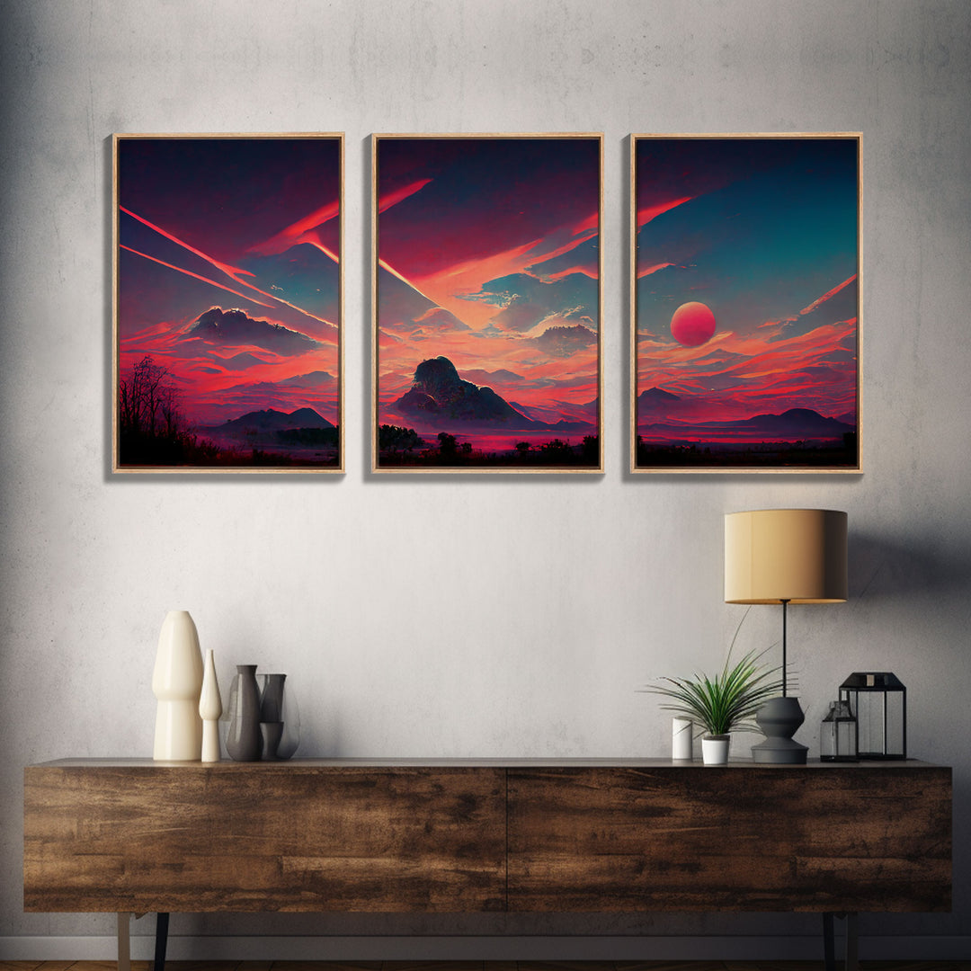 Outrun Style Sunset Over The Mountains, 3 Piece Wall Art, Ready To Hang Canvas Print, Cool Unique Living Room Wall Art Decor