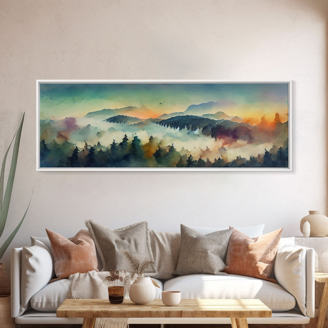 Dramatic Watercolor Sunset Landscape, Ready To Hang Canvas Print, Panoramic, Emerald Green Landscape Wall Decor, Watercolour Painting