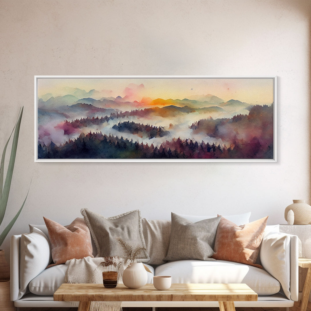 Dramatic Watercolor Sunset Landscape, Ready To Hang Canvas Print, Panoramic, Emerald Green Landscape Wall Decor, Above Bed Art, Guestroom