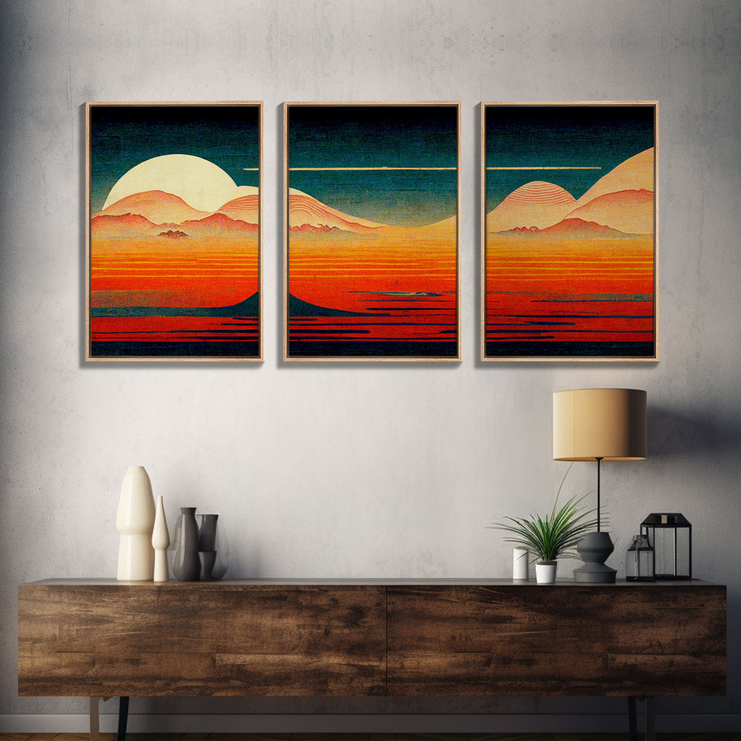 Retro Japanese Style Sunset Art, A Storm Torrent, 3 Piece Wall Art, Ready To Hang Canvas Print