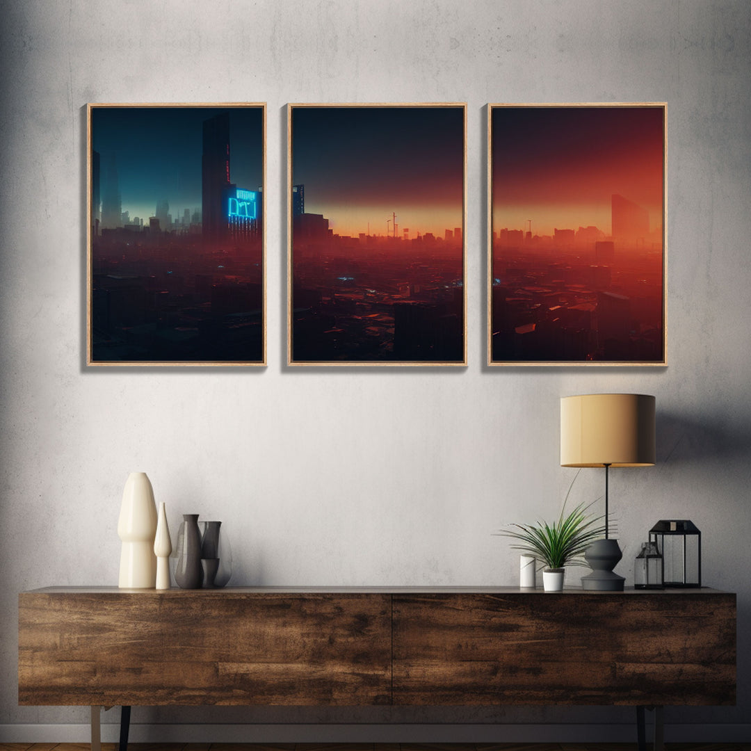 Cyberpunk Cityscape, Cyberpunk Concept Art at Sunset, Cool mancave art, 3 Piece Canvas Decor, 3 Piece Wall Art, Ready To Hang Canvas Prints