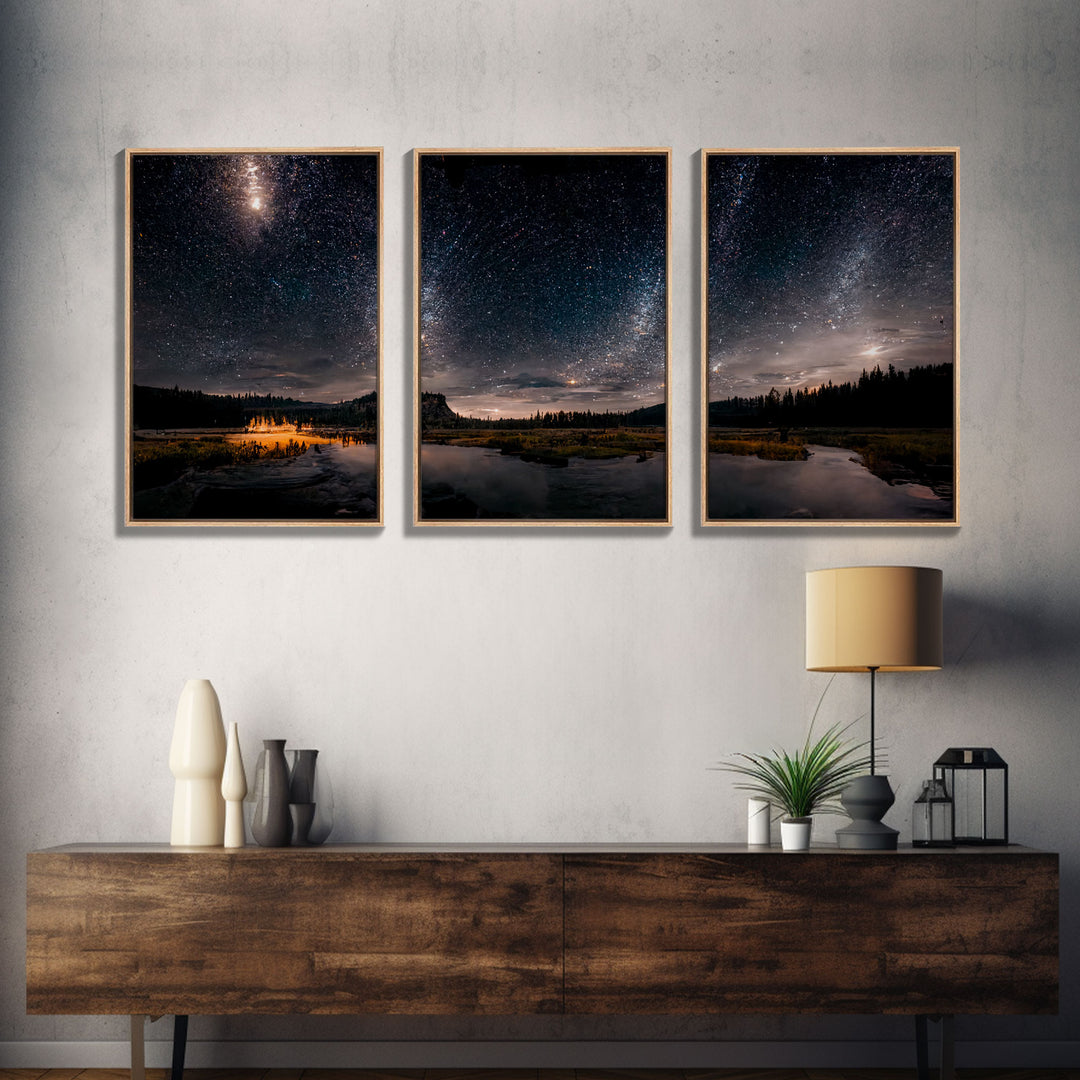 Starry Night Sky Over Montana, travel photography art, 3 Piece Wall Art, Ready To Hang Canvas Print