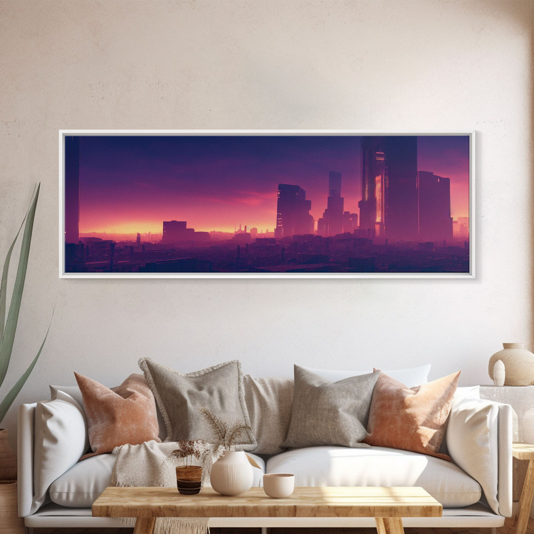 Cyberpunk Cityscape, Ready To Hang Canvas Print, Panoramic, Cyberpunk Concept Art, Cityscape at Sunset, Cool mancave art, Purplewave