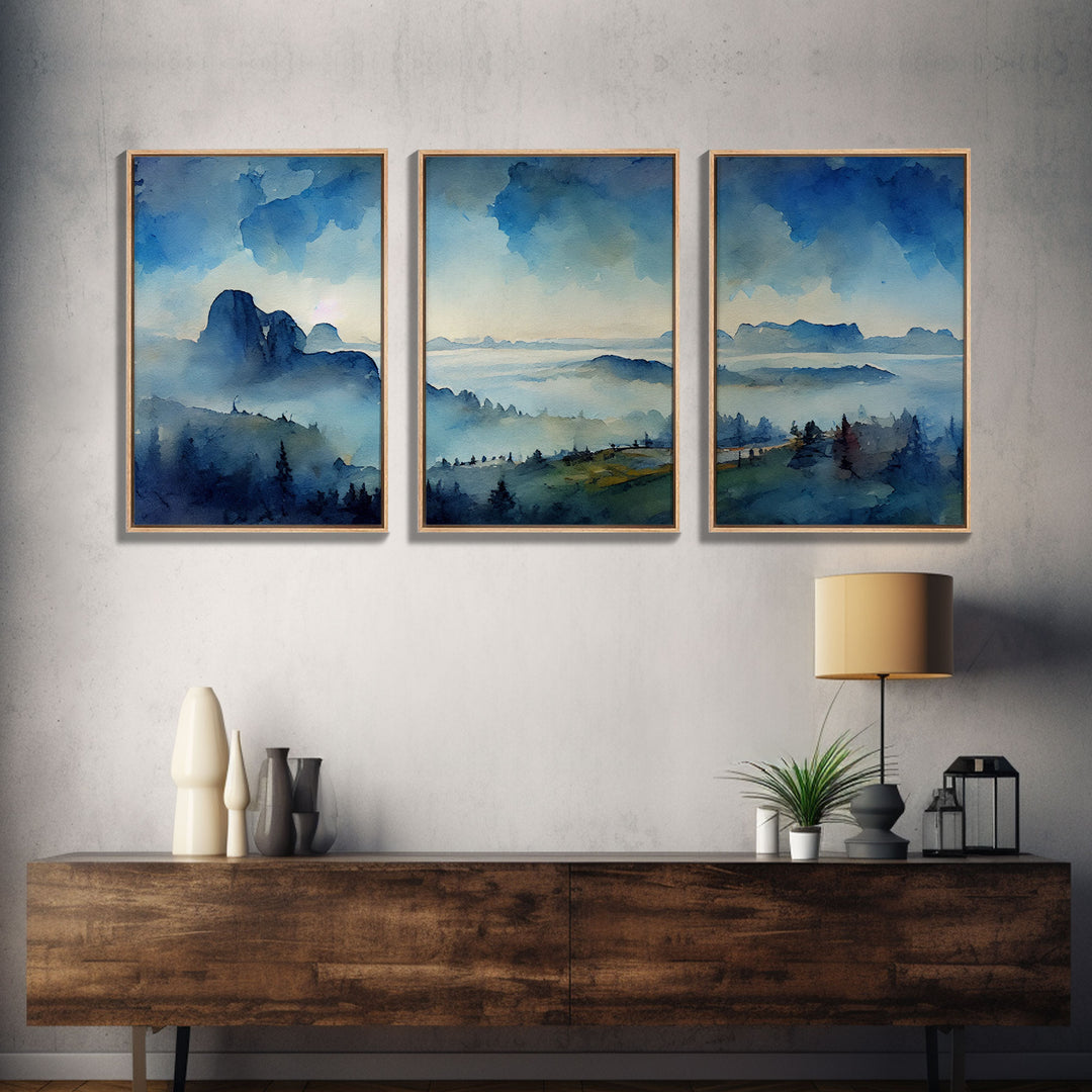 Sapphire Blue Watercolor Landscape, 3 Piece Wall Art, Ready To Hang Canvas Print, Beautiful Living Room Wall Art Decor