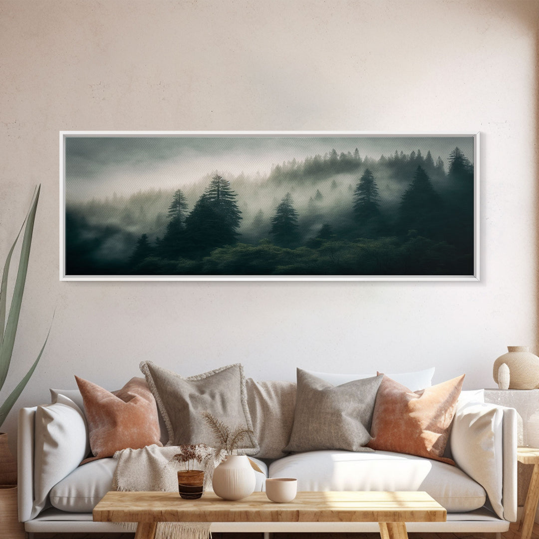 Panoramic watercolor of a misty forest fog, wall art, framed canvas print, farmhouse decor, foggy pine tree forest landscape, cabin art