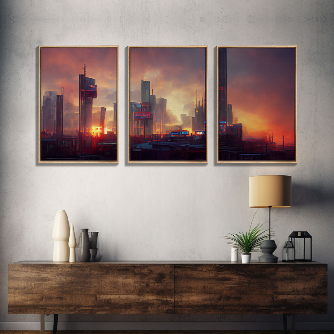 Cyberpunk City, Night City Watercolor, Videogame Concept Art, Watercolor Of a Cyberpunk City 3 Piece Wall Art, Ready To Hang Canvas Print