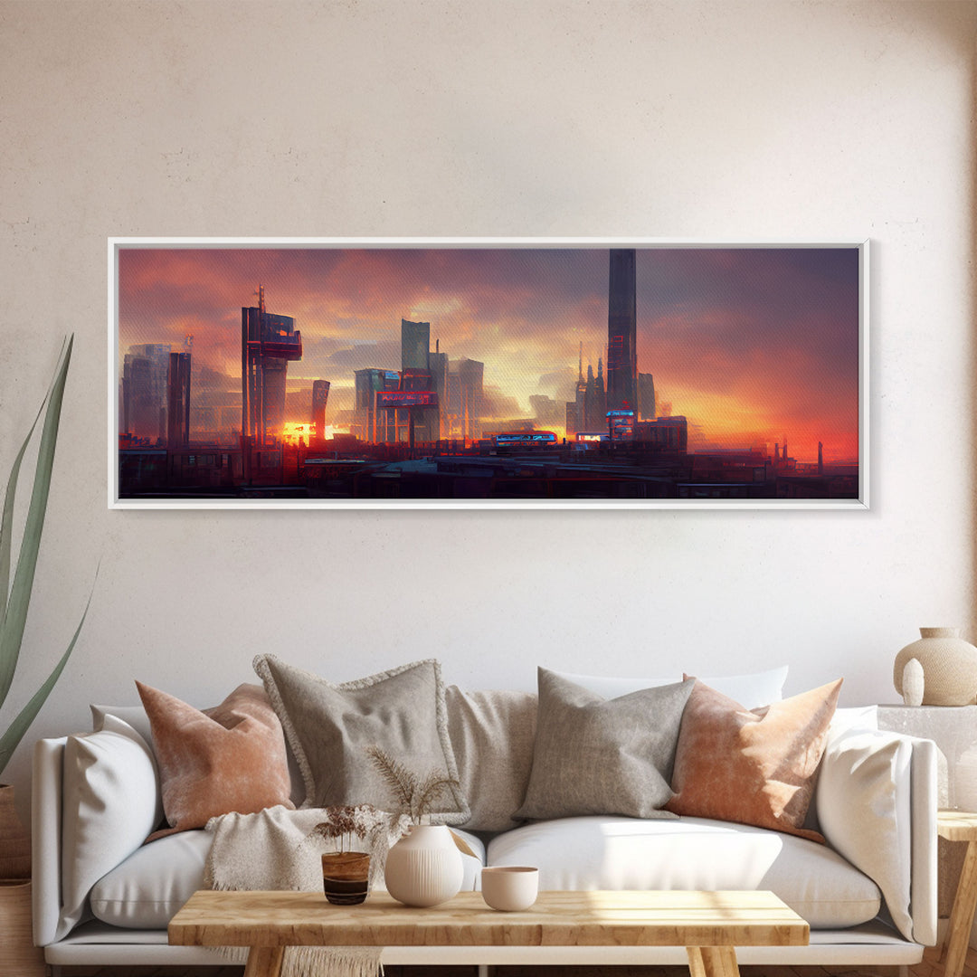 Cyberpunk Cityscape, Metropolis Art, Ready To Hang Canvas Print, Panoramic, Night City Watercolor Concept Art