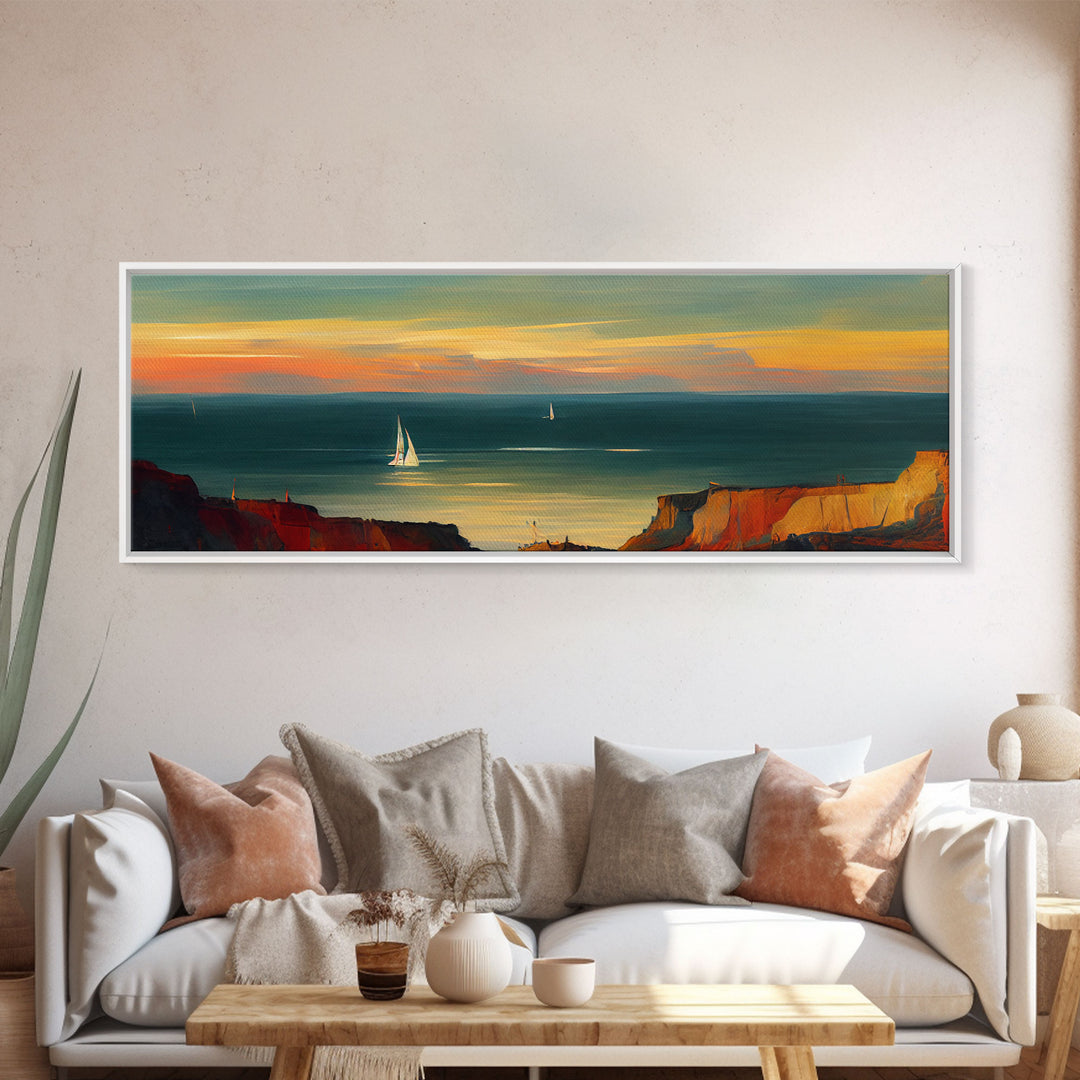 Pueblo Style Wall Decor, Ready To Hang Canvas Print, Panoramic Art, Sailboats On The Open Ocean, Nautical Wall Decor