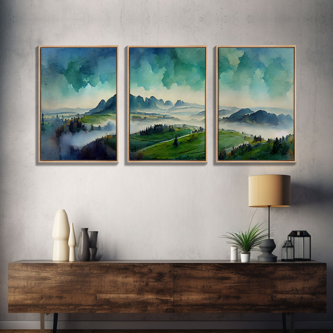 Emerald Green Landscape Watercolor, Panoramic Art, Cool Wall Decor, 3 Piece Wall Art, Ready To Hang Canvas Print