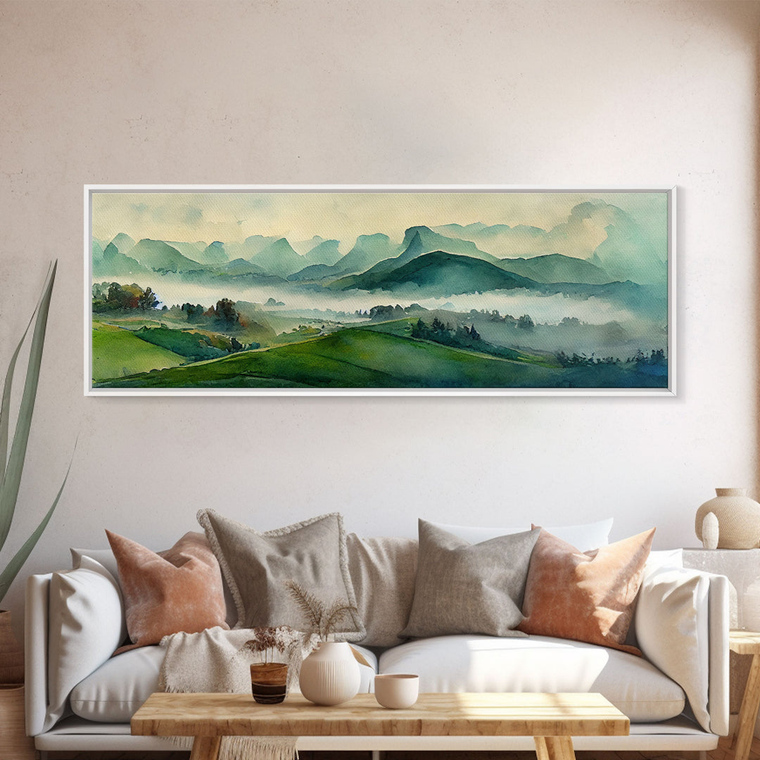 Watercolor Green Land Scape, Ready To Hang Canvas Print, Panoramic Art, Living Room Guest Room Art, Above Bed Landscape Art