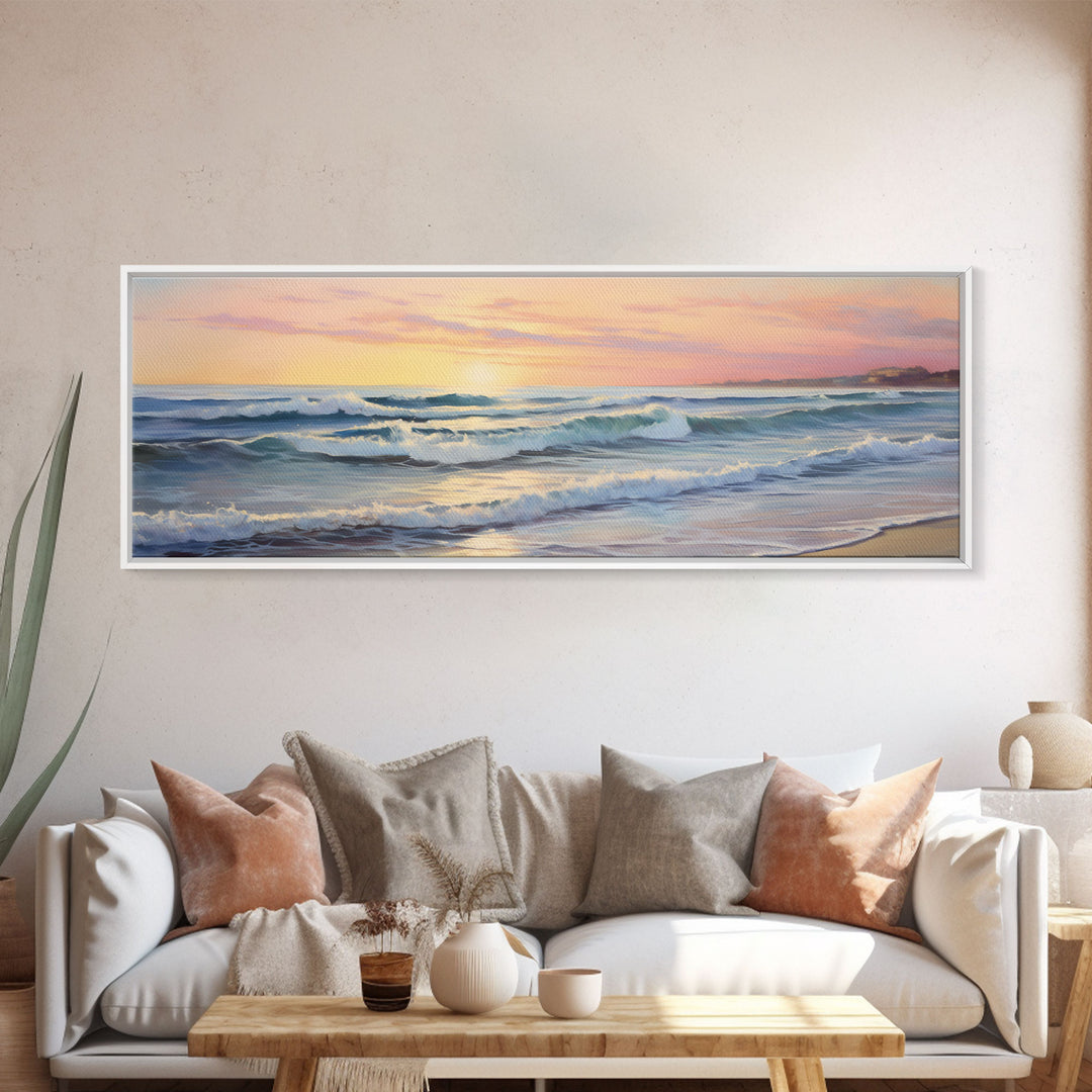 The Joy Of The Beach, Framed Canvas Print, Handmade Wall Art, Extra Large Minimalist Swimming Decor, Abstract Oil Painting, Panoramic Art