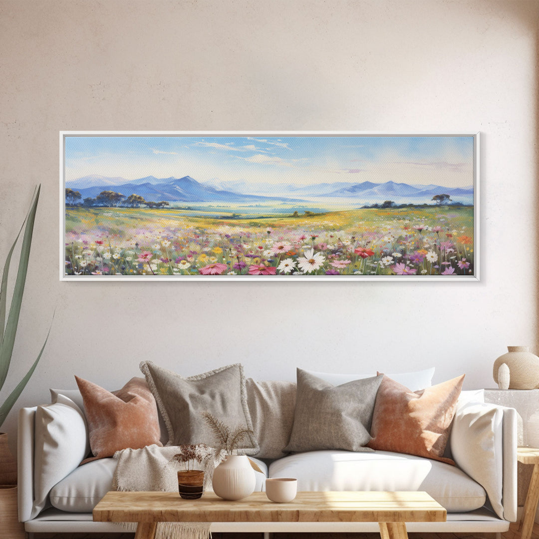 Beautiful Wildflowers Watercolor Painting Framed Canvas Print, Ultra Wide Panoramic Wall Art, 20 x 60 Art, Springtime Decor