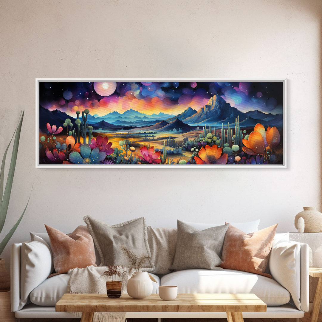 Starry Night Over A Southwestern Desert, Boho Decor, Van Gogh Inspired Southwestern Style Desert Painting, Framed Canvas Print