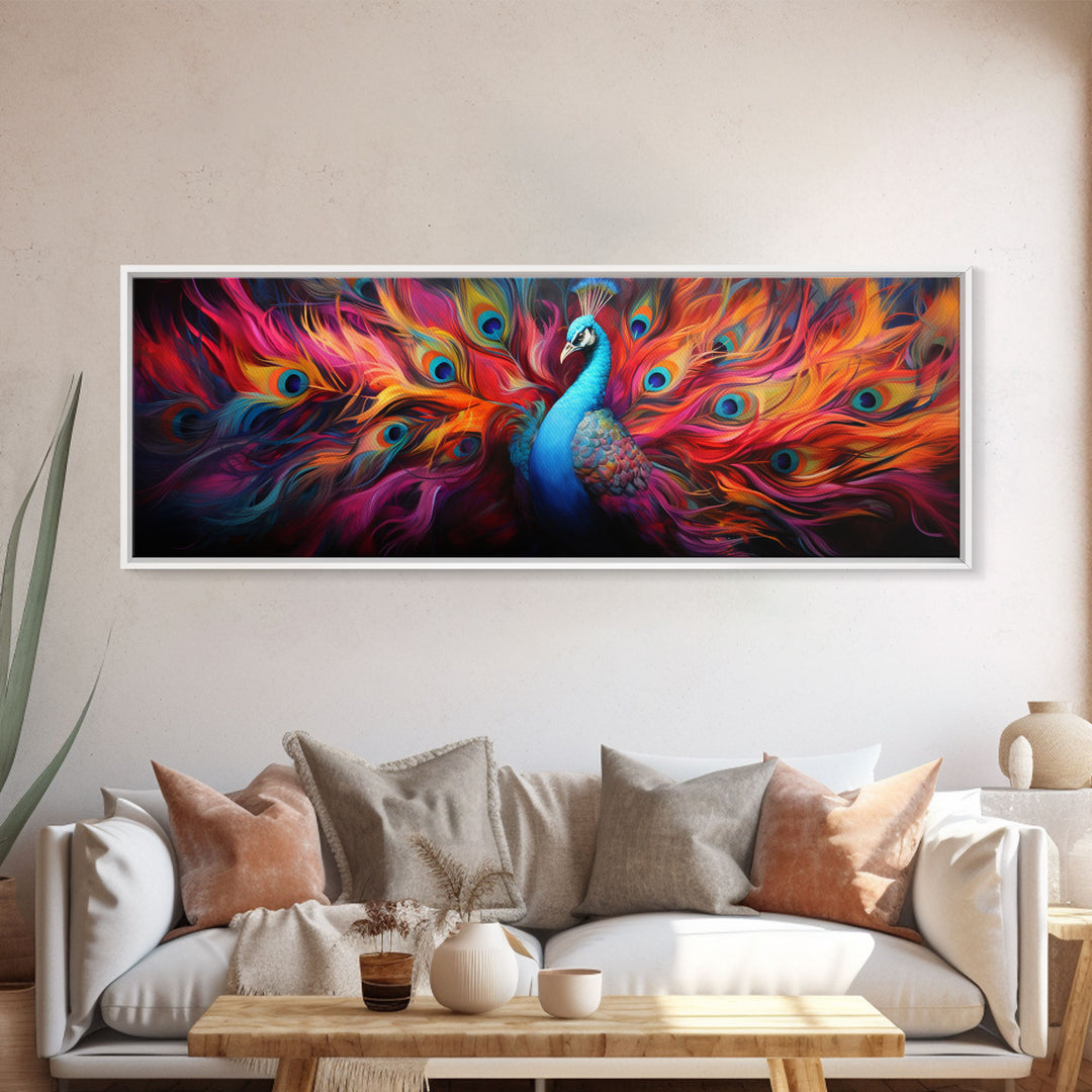 Surreal Peacock Painting Framed Canvas Print, Colorful Minimalist MCM Style Wall Art, Peacock Print