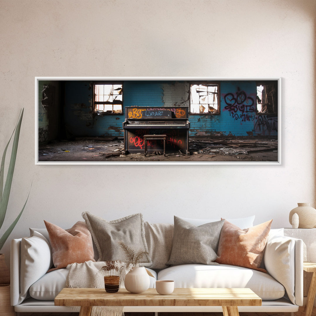 The Abandoned Piano, Urban Decay Art, Street Art, Framed Canvas Print, Graffiti Art, Panoramic Wall Art