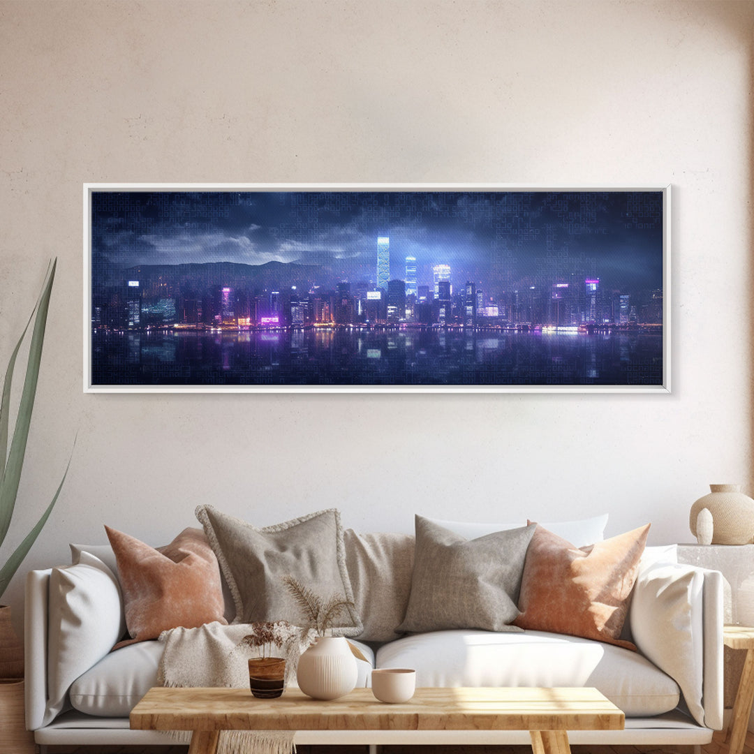 Cyberpunk Hong Kong City Skyline, Framed Canvas Print, Cyberpunk Style Wall Art, Synthwave Decor, Videogame Concept Art