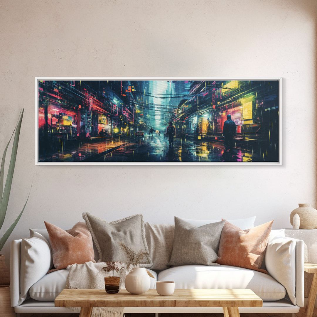 Cyberpunk Tokyo City Streets, Framed Canvas Print, Cyberpunk Style Wall Art, Synthwave Decor, Videogame Concept Art