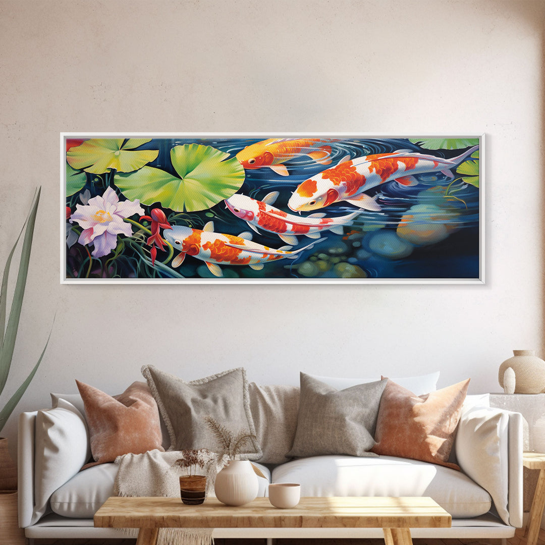 The Koi Pond Framed Canvas Print, Koi Fish Decor, Koi Fish Garden Wall Art, Koi Fish and Lilly Pads