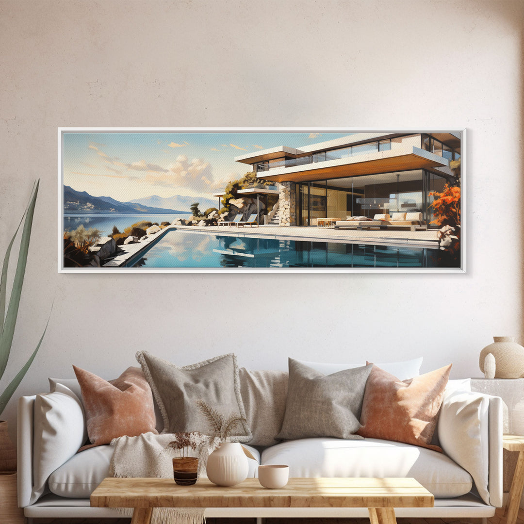 Midcentury Modern Architecture Painting Framed Canvas Print, Beautiful MCM House On Lake Tahoe, Livingroom Centerpiece Wall Art