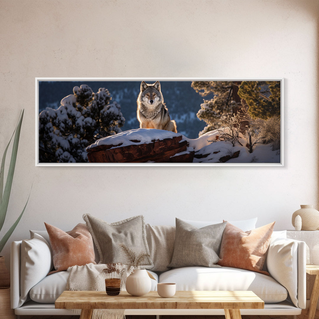 Panoramic Photo Print Of a Timber Wolf, Framed Canvas Print, Photography Print, Lakehouse Wall Art, Rustic Decor, Farmhouse Decor