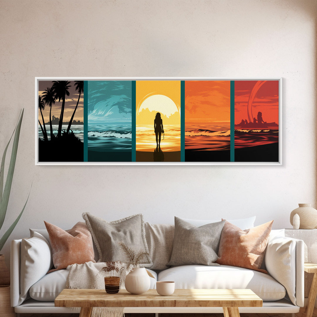 Warhol Inspired Pop Art Print, 6 Phases Of The Ocean Wave, Sunset To Sunrise, Beach Decor, Panoramic Pop Art Painting Framed Canvas Print