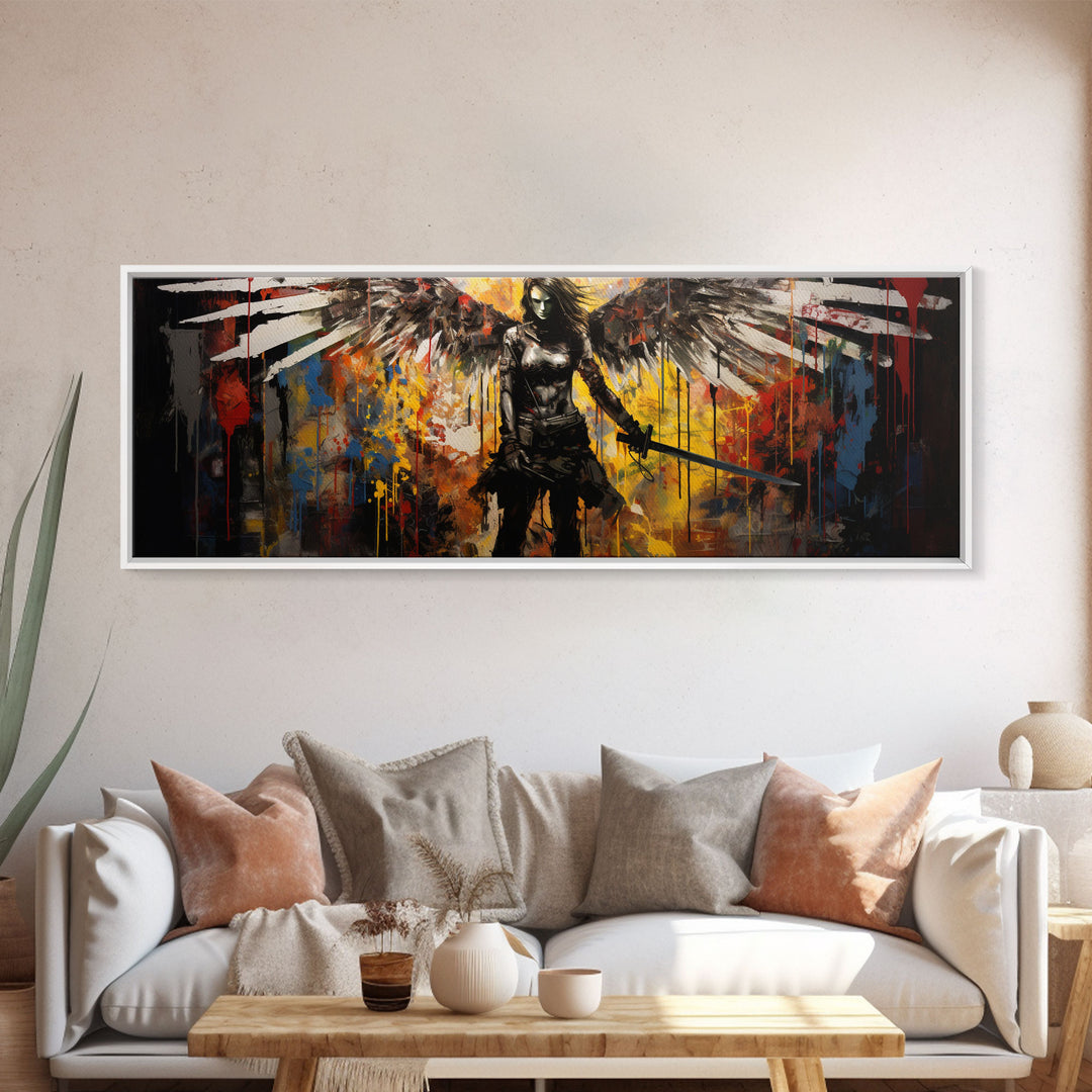 Graffiti Battle Angel, Framed Canvas Print, Game Room Art, Panoramic Painting, Panoramic Wall Art, Extra Large Wall Art