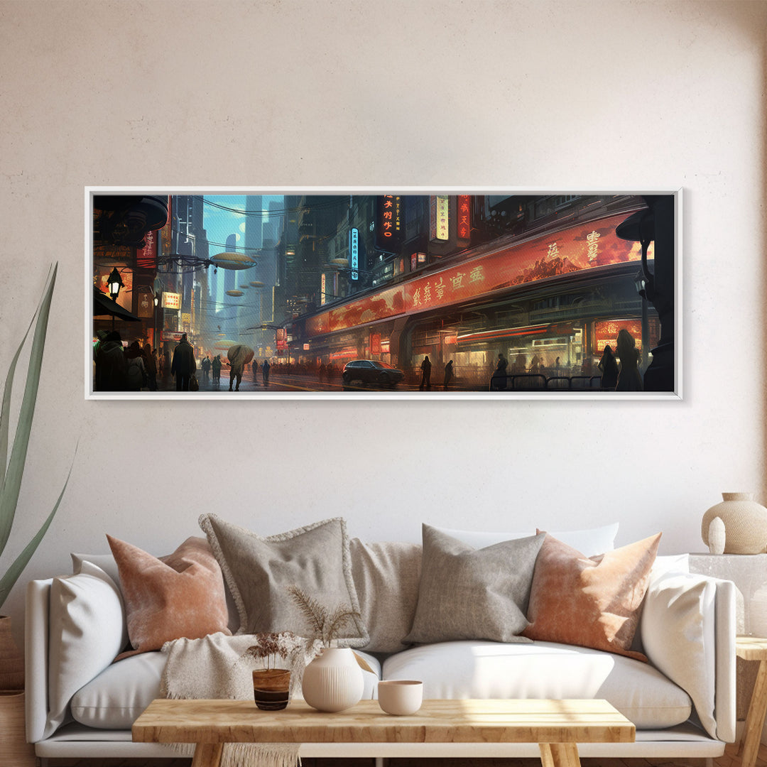 Futuristic Cyberpunk City, Framed Canvas Print, Dystopian Art, Metropolis Painting, Unique Office Decor