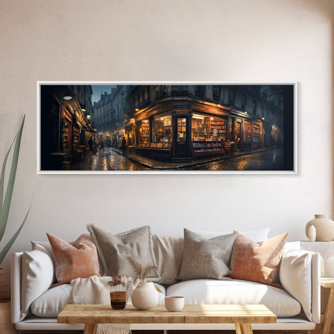 The Book Shop in Paris, Framed Canvas Print, Paris On A Rainy Night, Living Room Decor, Victorian Oil Painting