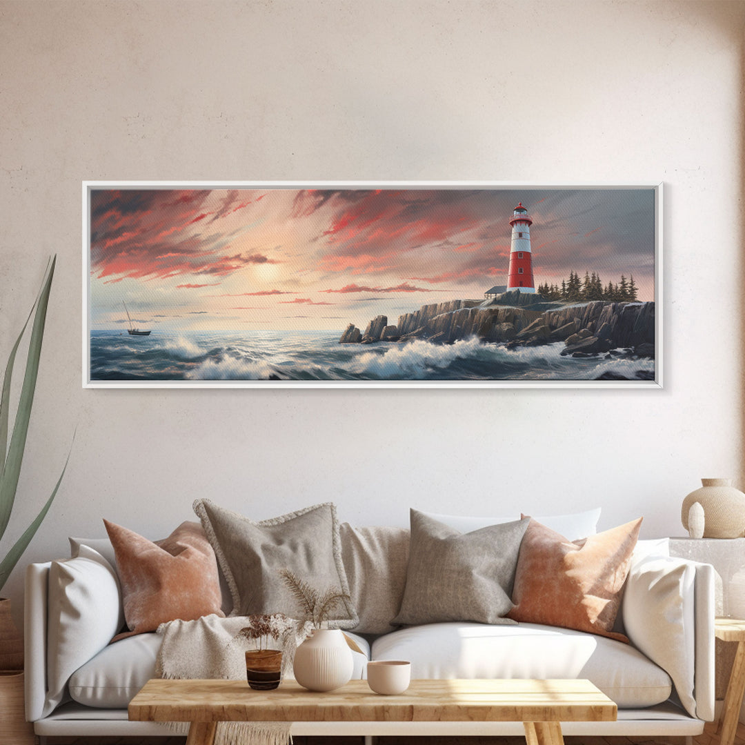 Lighthouse On A Rocky Cliff At Sunset, Framed Canvas Print / Wall Art, Watercolor Painting of a Nautical Scene