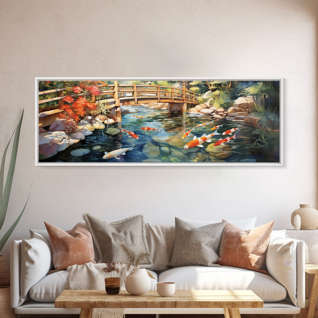 Panoramic Koi Pond Painting Canvas Print, Framed Wall Art, Unique Home Decor, Gift Idea, Art With Frame, Living Room Art