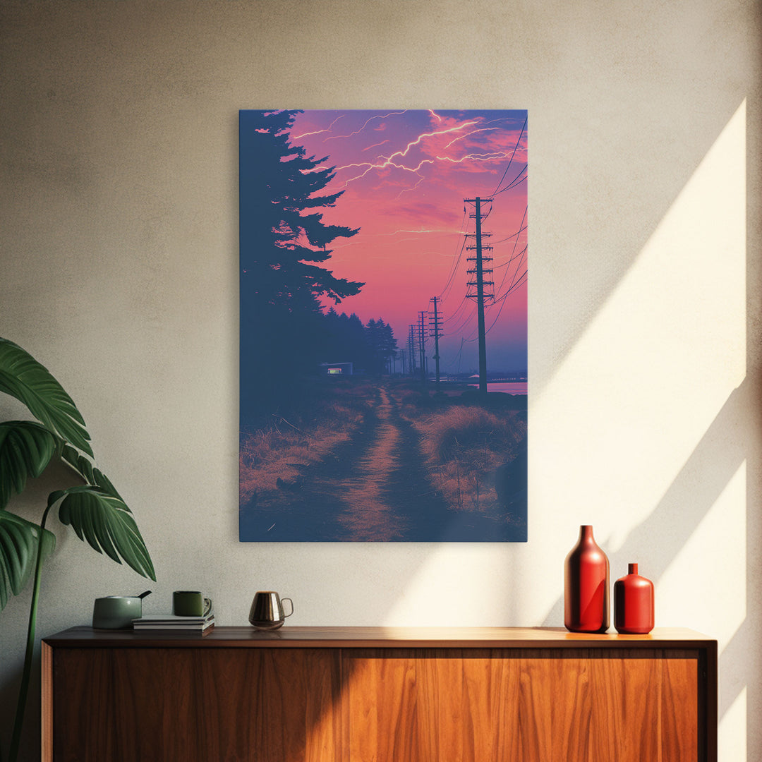 Lightning At Sunset, Framed Canvas Print, Vaporwave Aesthetic Wall Art, Liminal Spaces Photography Print, Dorm Room Decor, Retro Art