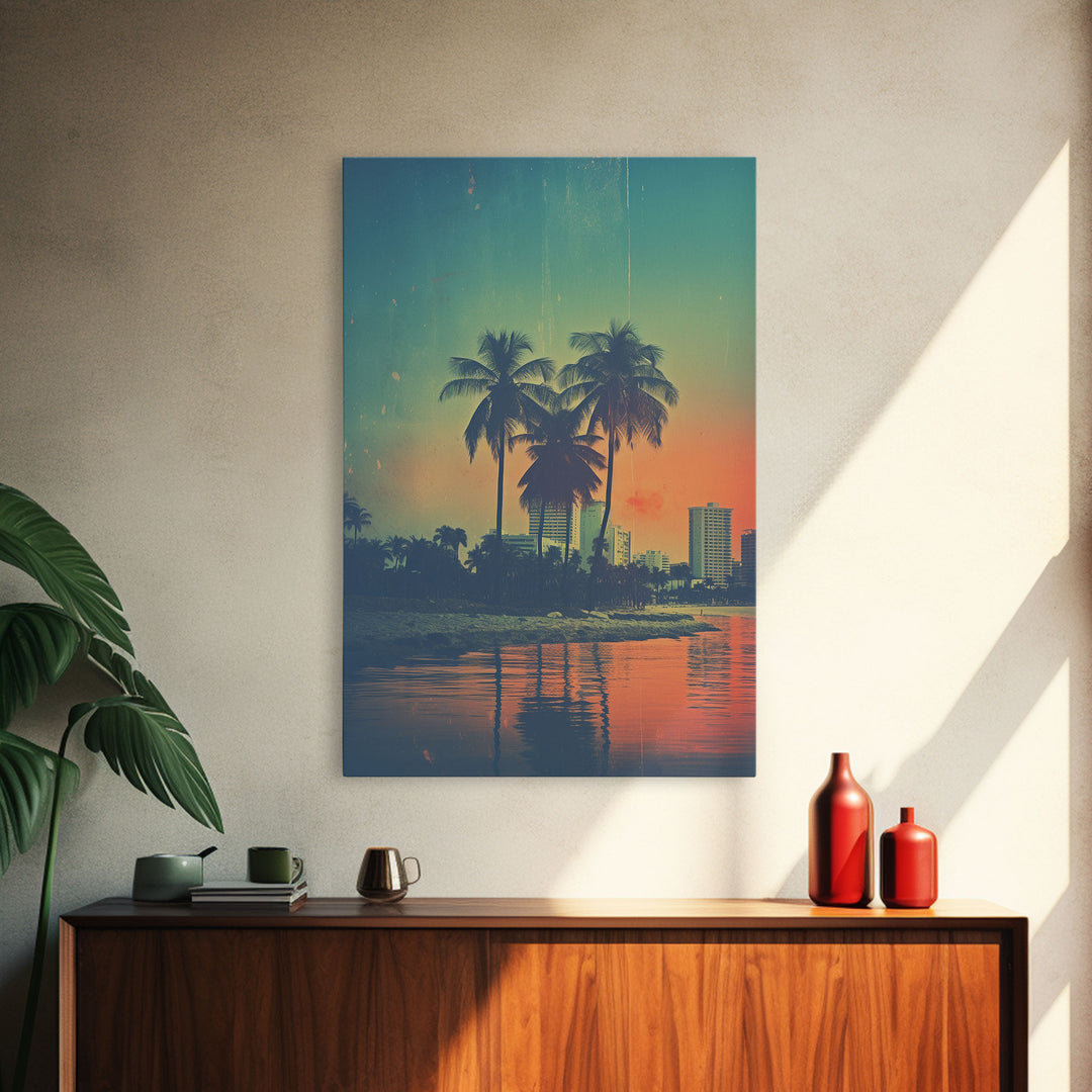 Palm Tree Wall Art, Cityscape Art, Sunset, Canvas Print, Wall Hanging, Portrait Art, Realtor Closing Gift, Bedroom Prints , Farmhouse Art