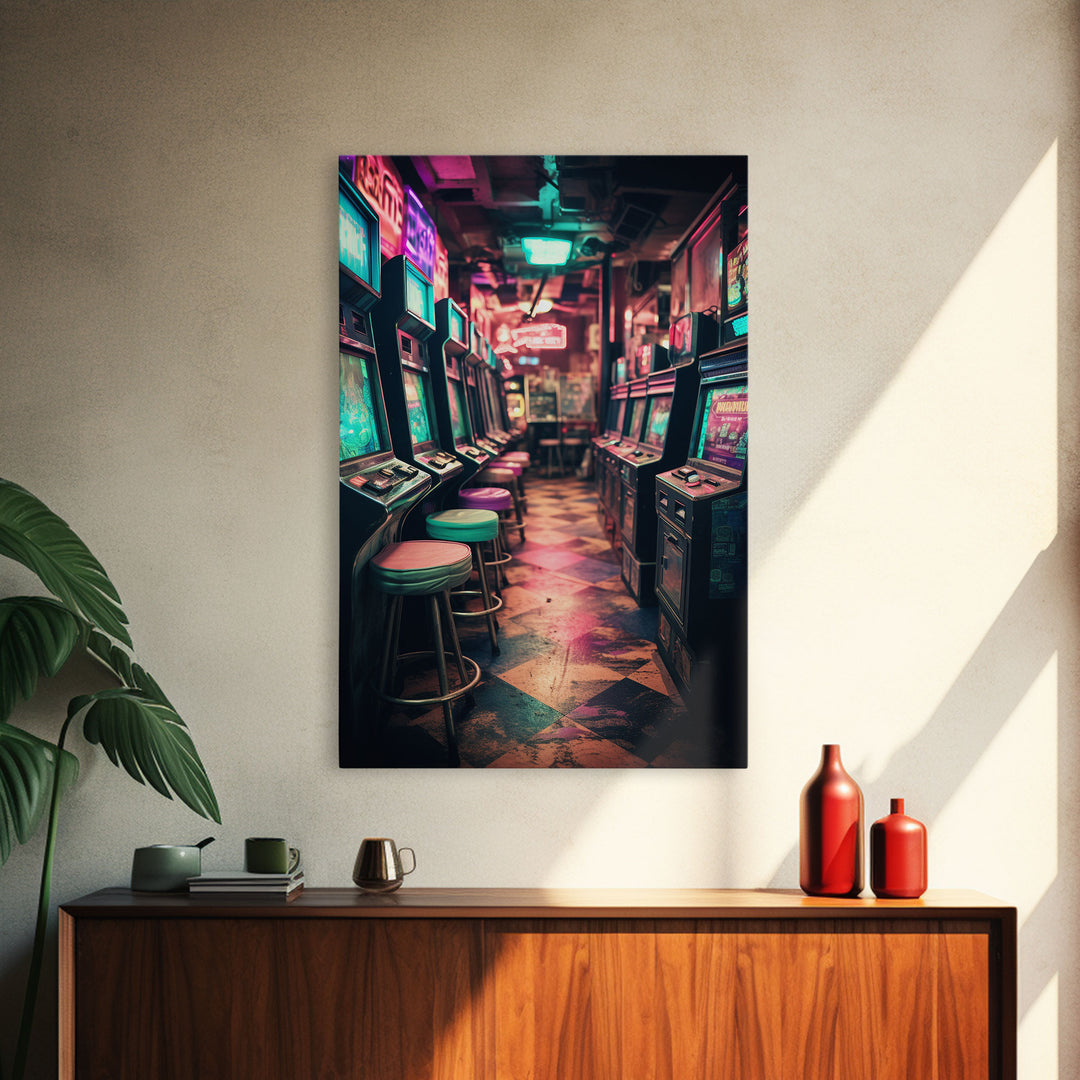 An Abandoned Game Room, Framed Canvas Print, Vaporwave Photography Fine Art Print, Aesthetic Decor, Colorful Art, Arcade Room Art