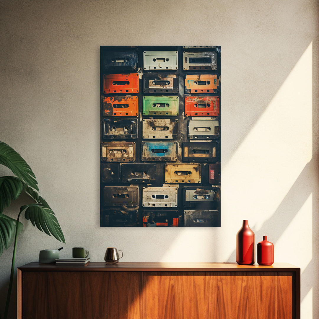 Cassette Tape Collage, Retro 80s Art, Photography, Fine Art Canvas Print, Giclee Print, Studio Decor, Music Lover Gift