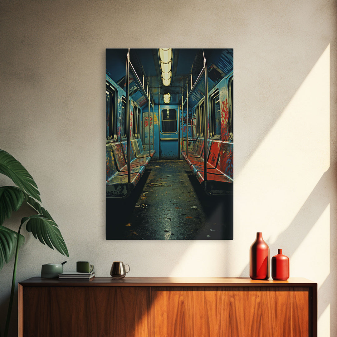 Urban Decay, Abandoned Subway Car Photography Framed Canvas Print, 1970s NYC Subway Car, Graffiti Art