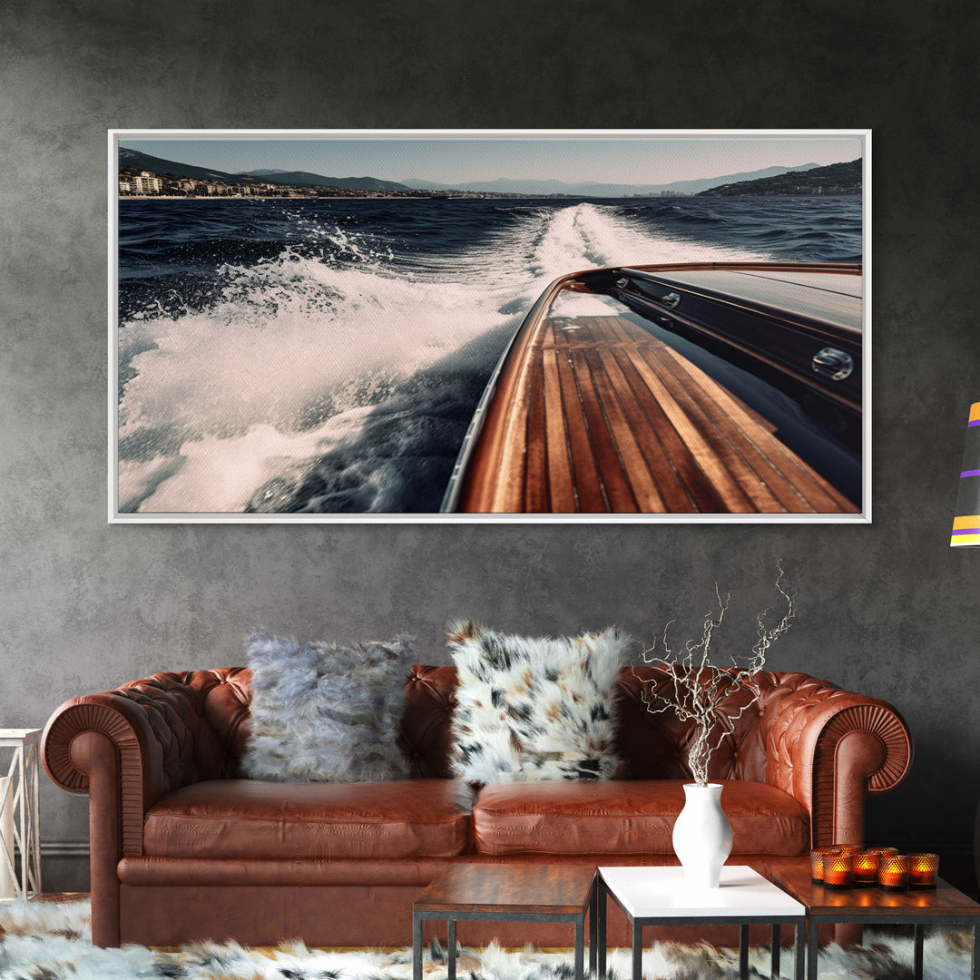 Leaving Italy In the Rear View, Nautical Decor, Framed Canvas Print, Speed Boat Photography Print, Vaporwave Aesthetic