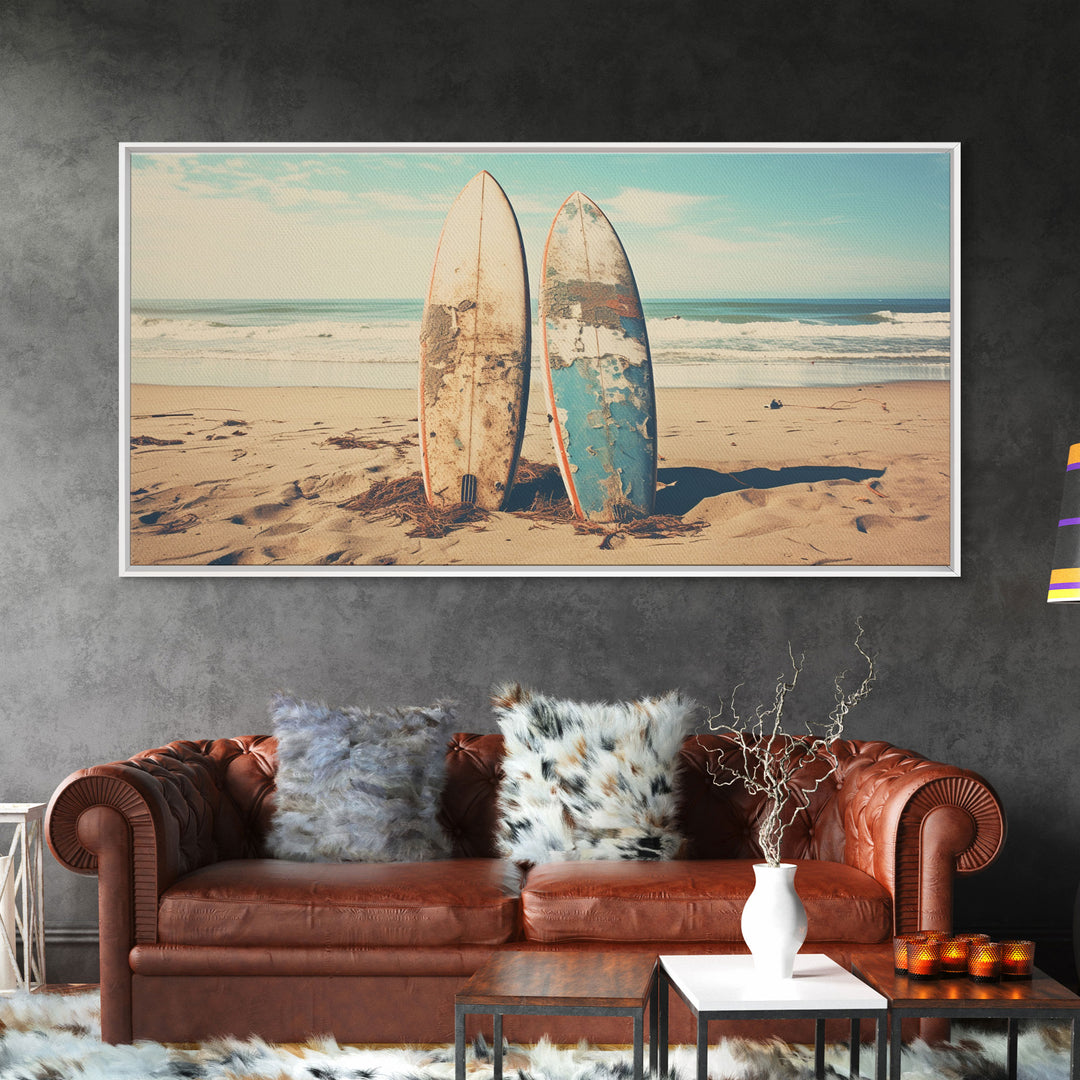 Abandoned Surfboards On Miami Beaches In the 1980s - Framed Canvas Print - Photography Print - Vaporwave Aesthetic Wall Art