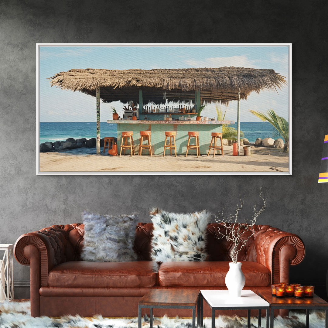 Beachside Tiki Hut Bar and Grill, Framed Canvas Print, Liminal Art, Framed Wall Decor Beach Photography, Surf Art, Surf Print Nautical Decor