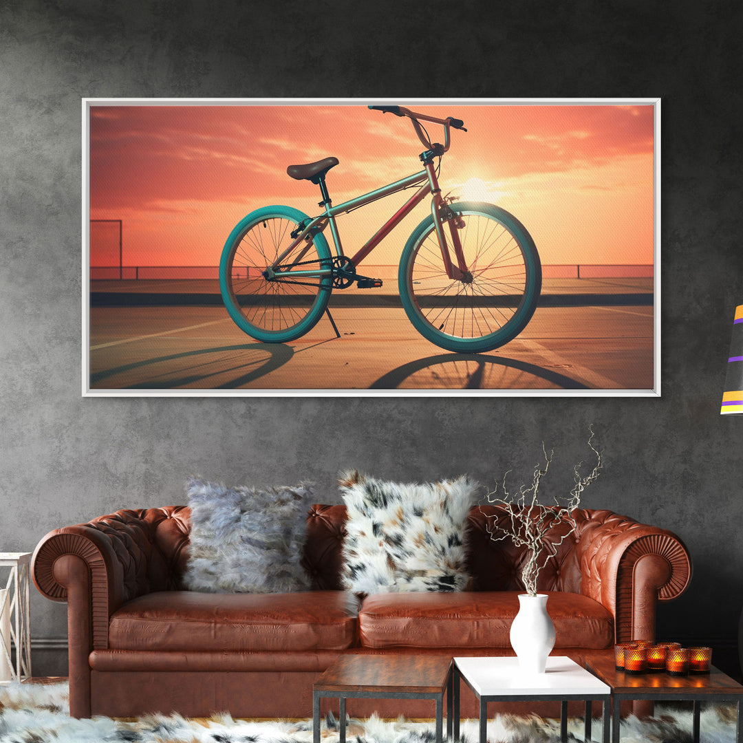 Vaporwave BMX Bike, Framed Canvas Print, Retro Wall Art, Sunset Photography, Bicycle Decor, Bike Rider Gift, Guy Gift