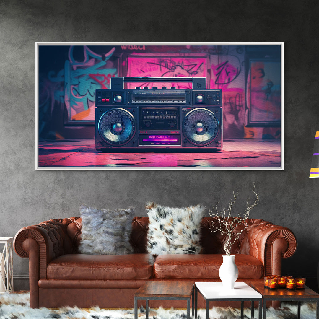 Vaporwave Boombox Wall Art, Framed Canvas Print, 1980s Inspired Home Decor, Retro Art, 80s Decor