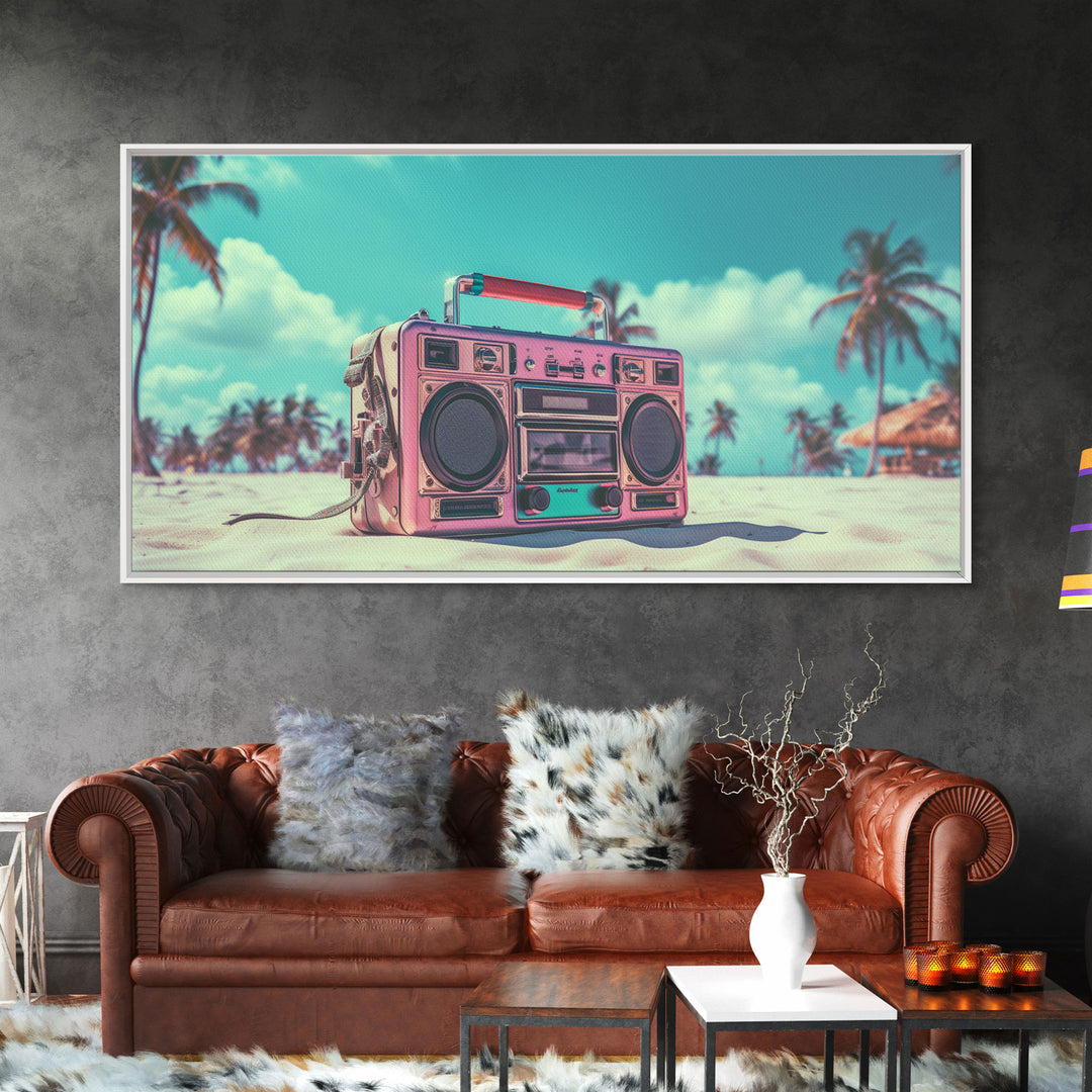 Vaporwave Boombox On The Beach Wall Art, Framed Canvas Print, 1980s Inspired Home Decor, Retro Art, 80s Decor, Aesthetic Decor