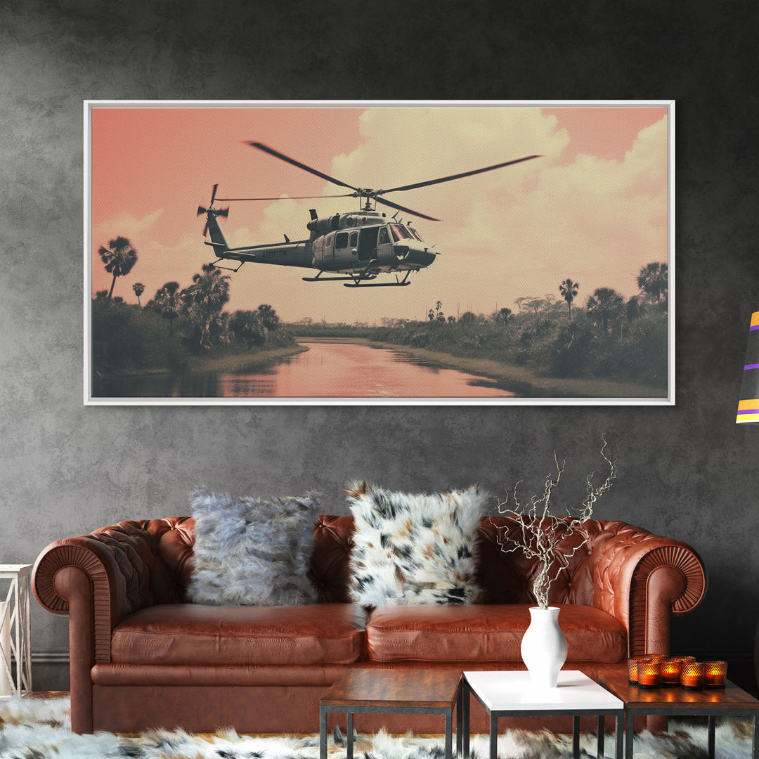 Vaporwave Huey Helicopter Over Vietnam, Framed Canvas Print, Military / War Art, Gift For Veteran, Hot LZ