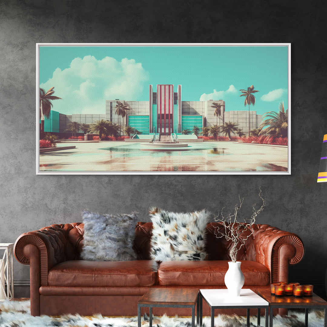 Vaporwave Art Deco Architecture, Framed Canvas Print, Retro 80s Wall Art, Liminal Spaces, Office Decor