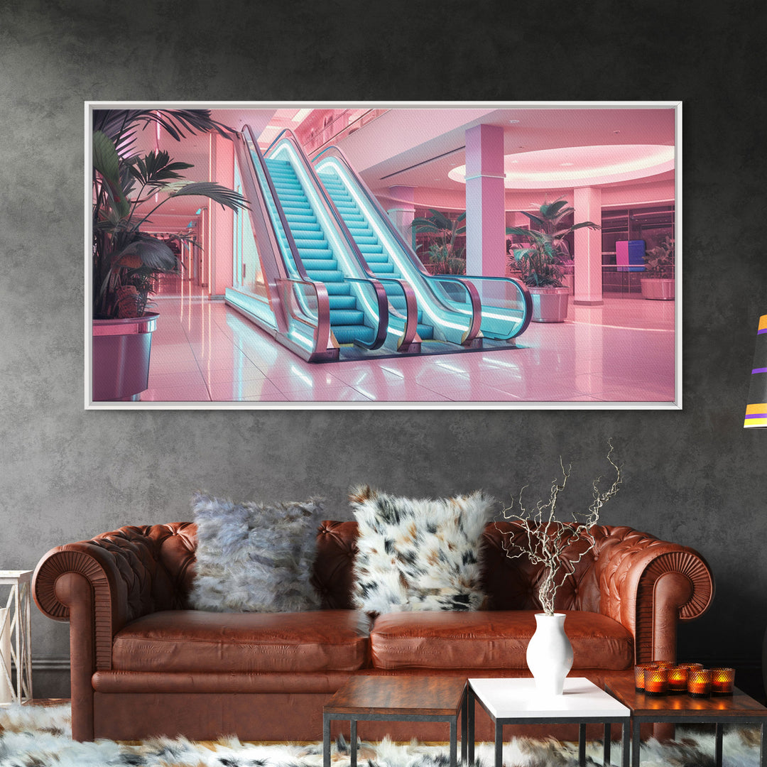 The Mall Before Opening On A Saturday Morning, Framed Canvas Print, Retro Vaporwave Aesthetic 1980s Vibes Wall Art