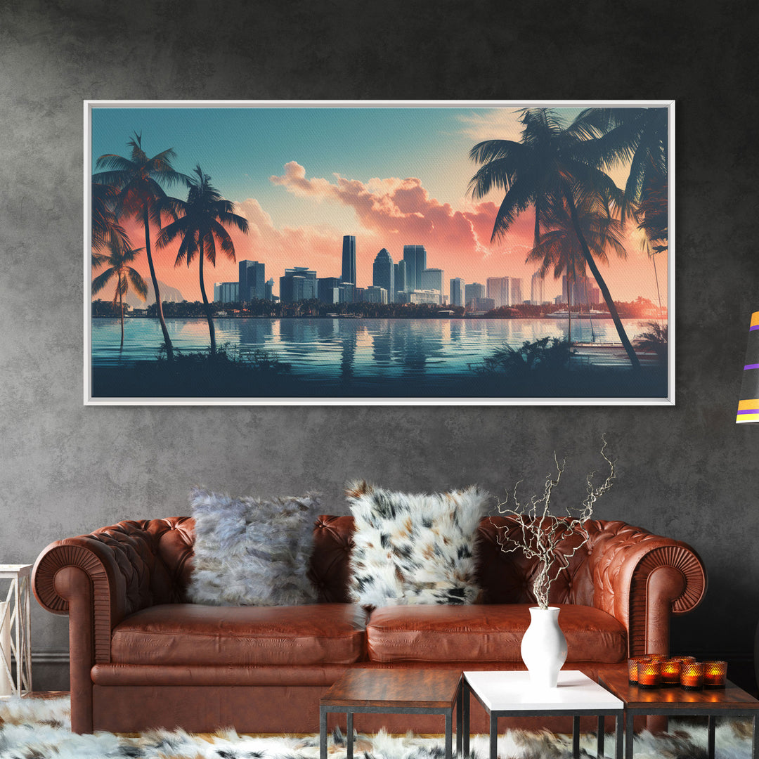 Miami Skyline At Sunrise, Framed Canvas Print, Vaporwave Aesthetic Wall Art, Framed Canvas Art, 1980s Art, Retro Decor