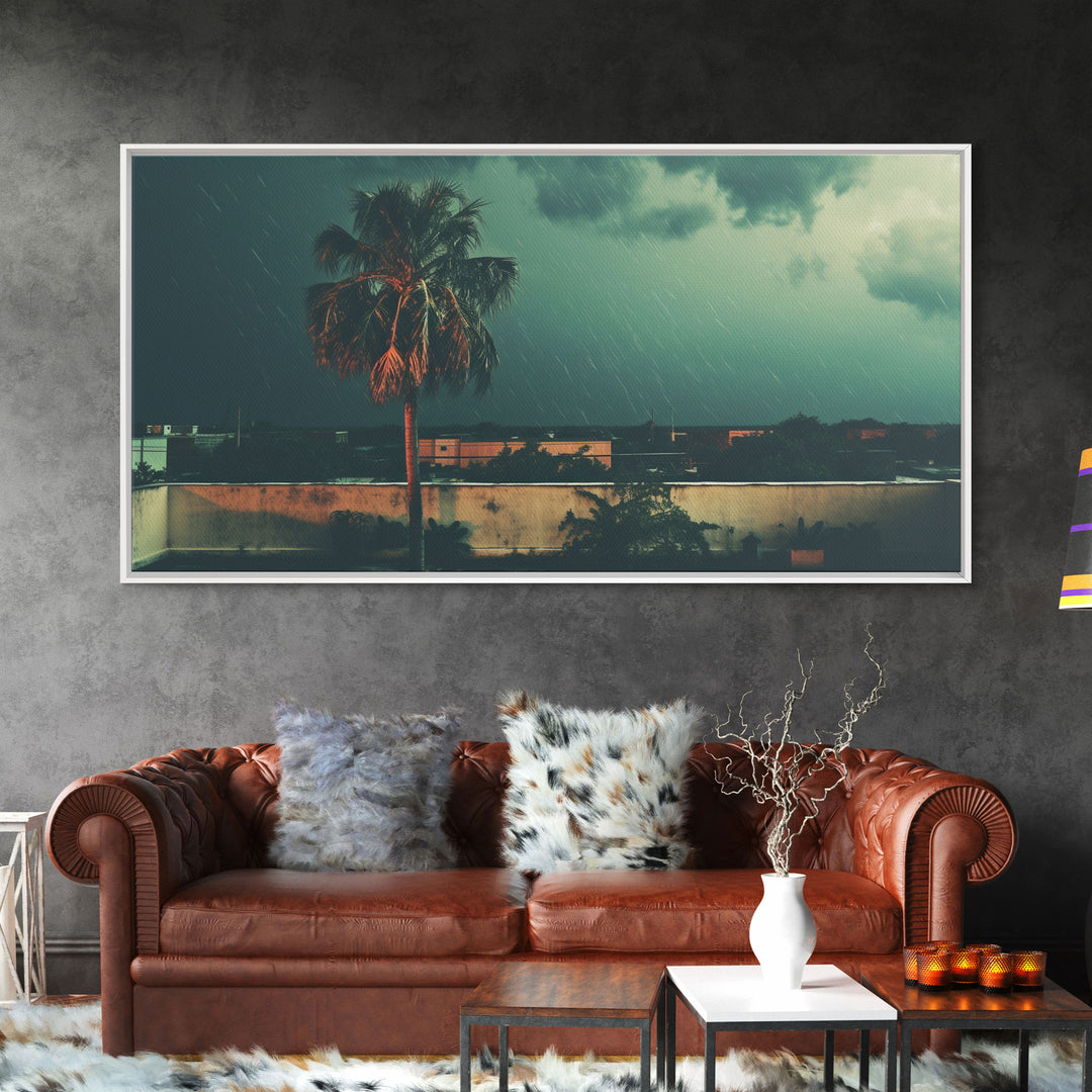 A Miami Rain Storm, Framed Canvas Print, Liminal Art, Liminal Spaces, Framed Wall Art, Game Room Decor, Dark Moody Art